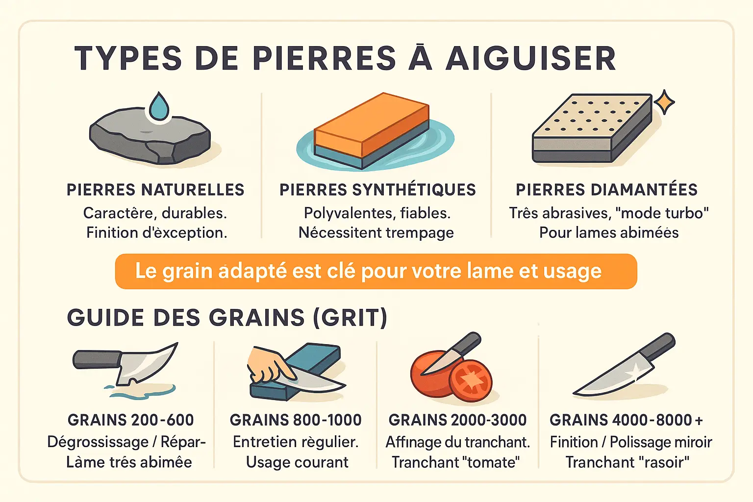 Comparaison des différentes pierres à aiguiser et de leur grain