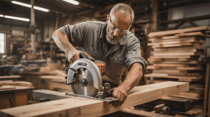 Charpentier à Lille coupant une poutre en bois à la scie circulaire