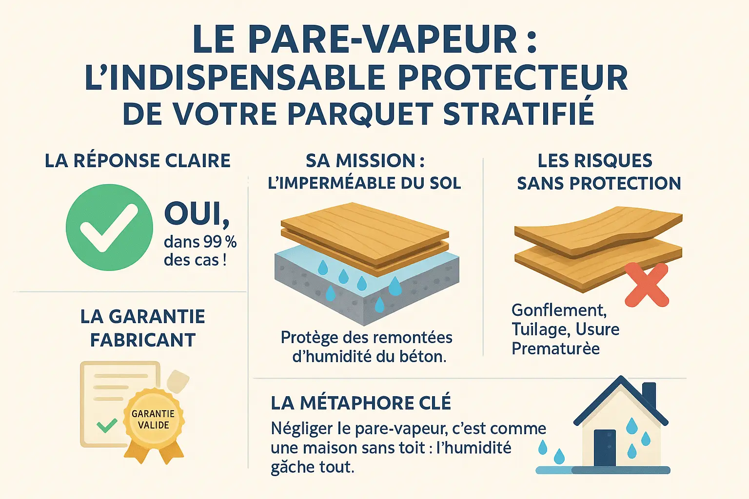 Schéma d'un parquet stratifié avec pare-vapeur sous-jacent