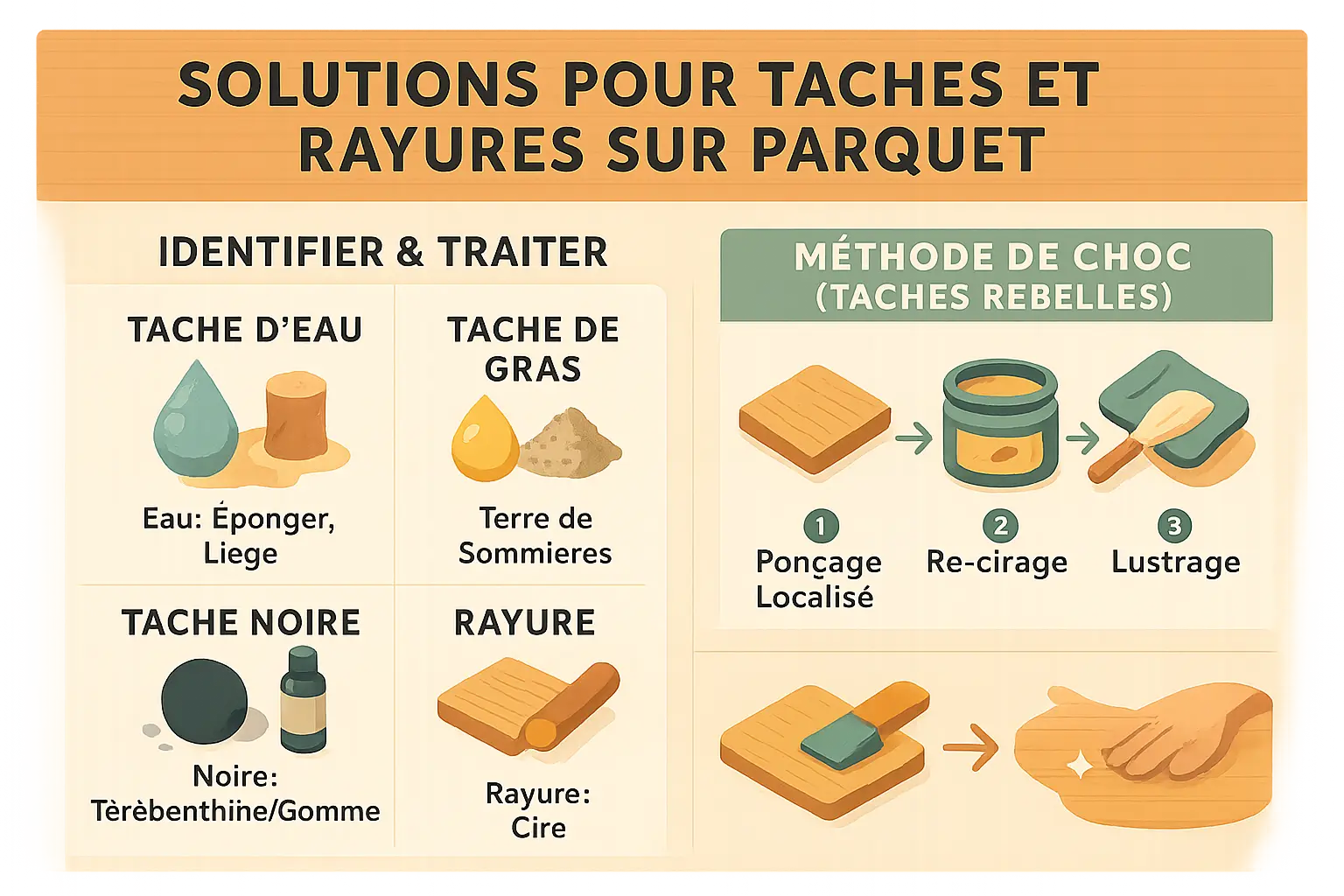 Illustration des solutions contre les taches et rayures sur parquet