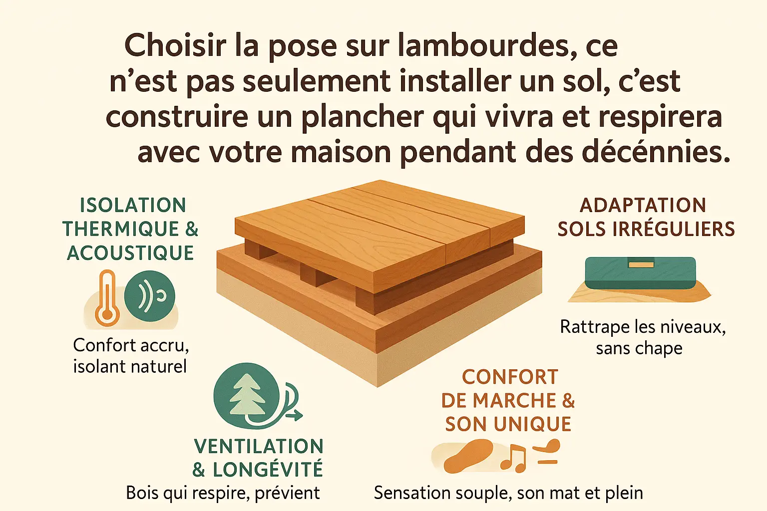 Illustration d'un parquet sur lambourdes dans une grange rénovée